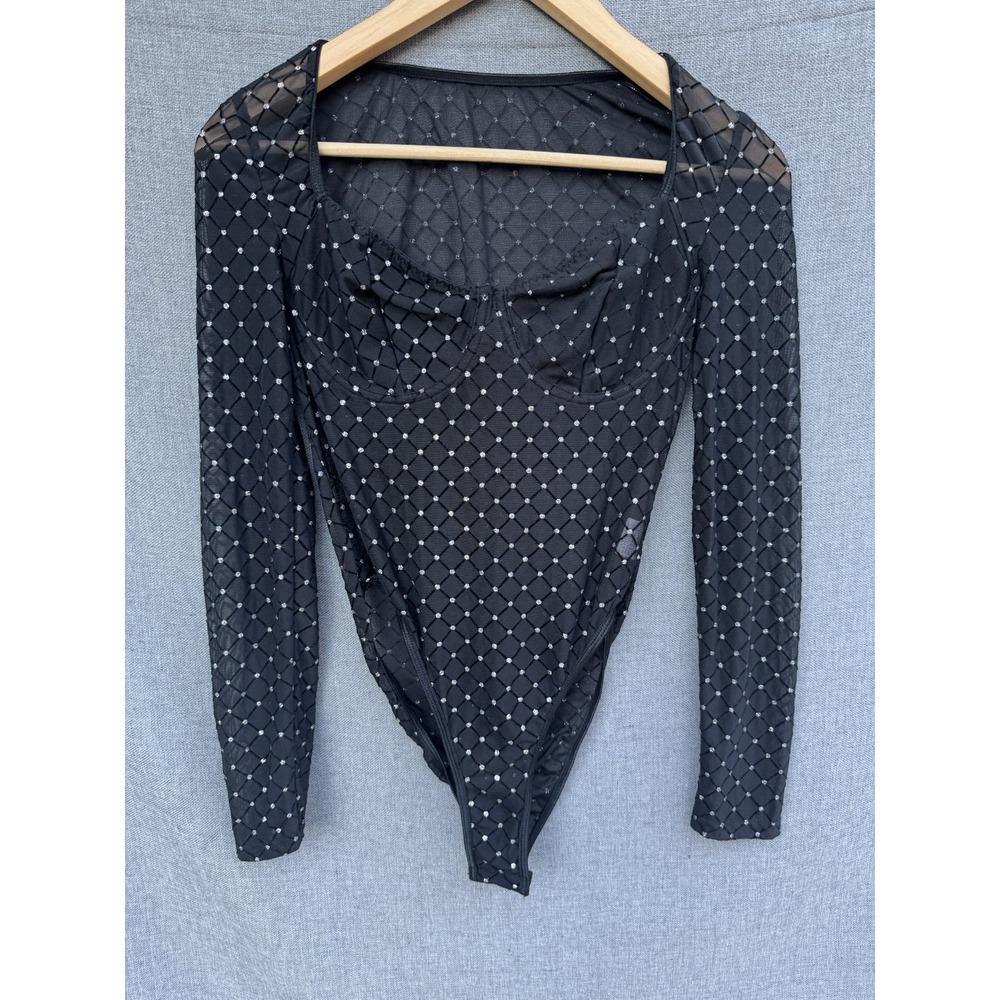 Black Polka Dot Mesh Bodysuit Size 6 M  Sheer Long Sleeve Body‎ Top